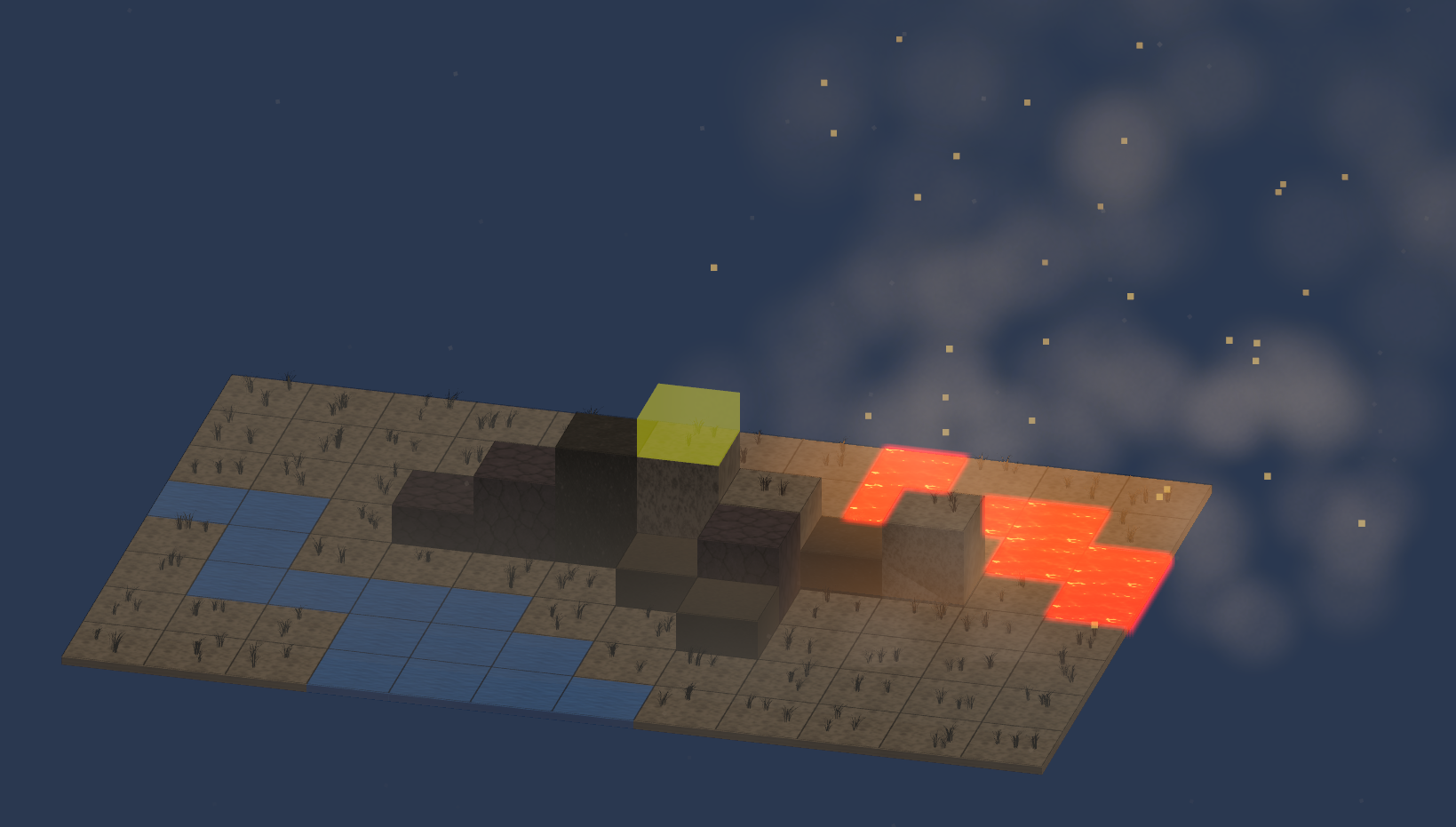 3D Voxel-Battlefield mit Vulkan-Biom, Lava und Wetter-Partikeln
