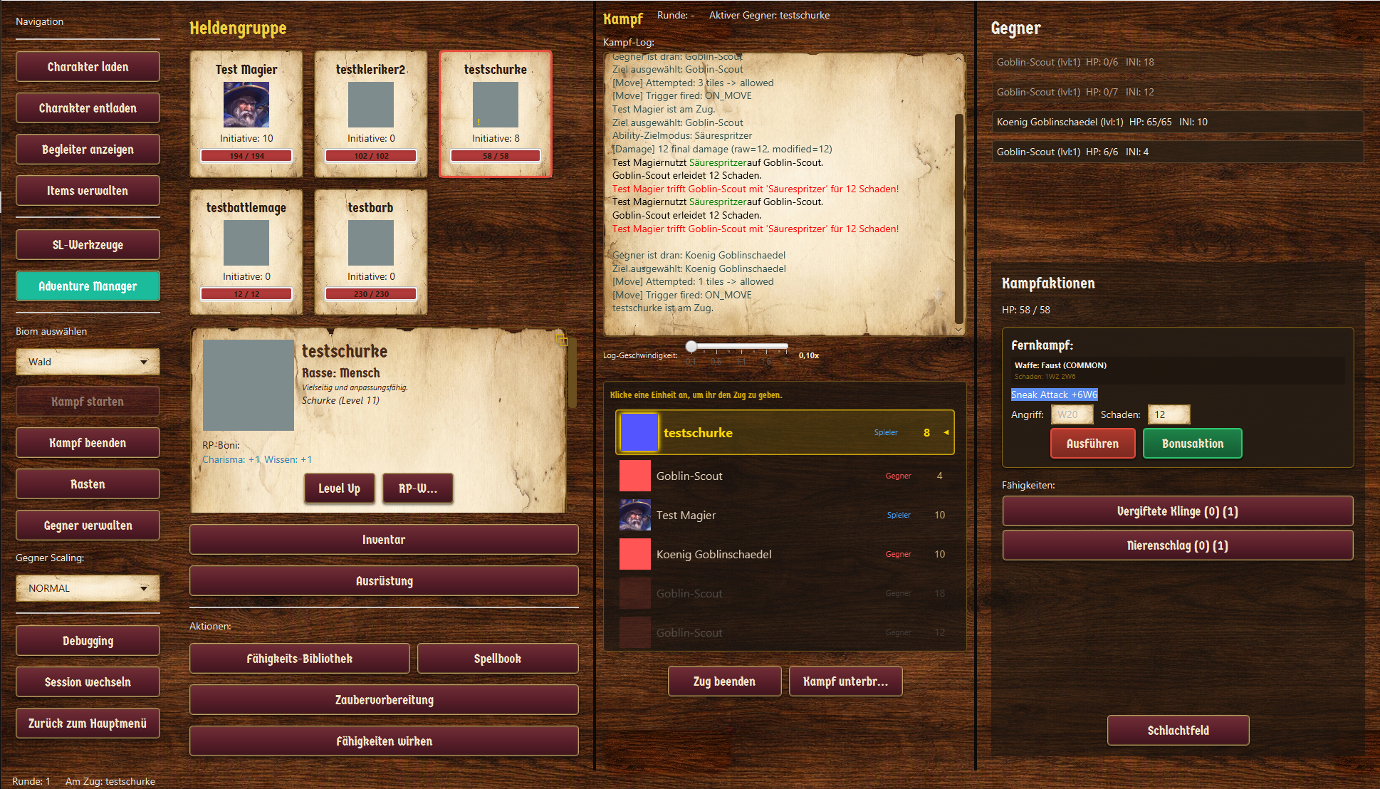 Dice & Screen Dashboard mit aktivem Kampf, Heldengruppe, Kampf-Log und Gegner-Panel