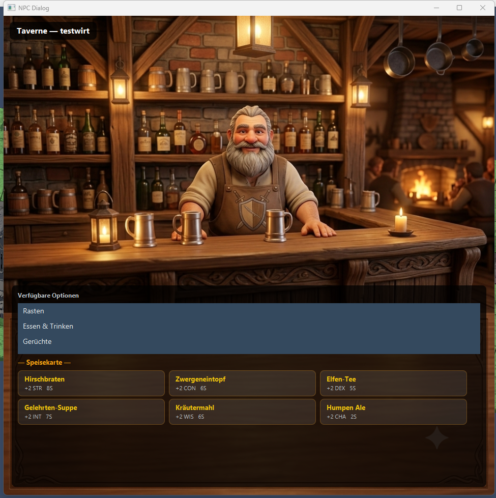 Taverne mit CRPG-Style Dialog und Speisekarte