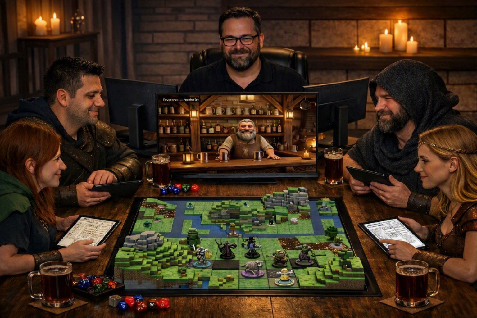 Gruppe spielt Tabletop mit Dice and Screen am Tisch