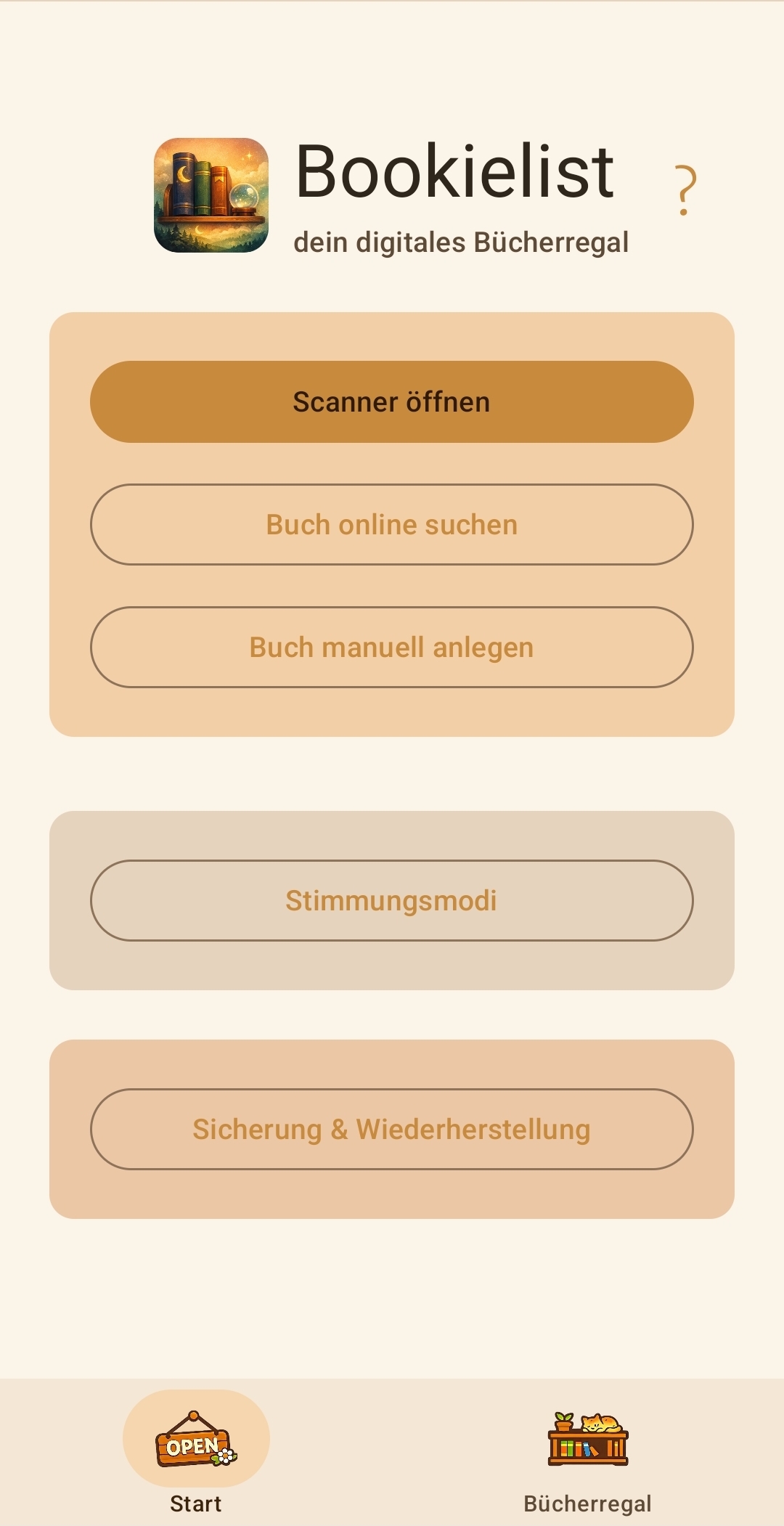 Bookielist Startansicht mit den Hauptaktionen der App