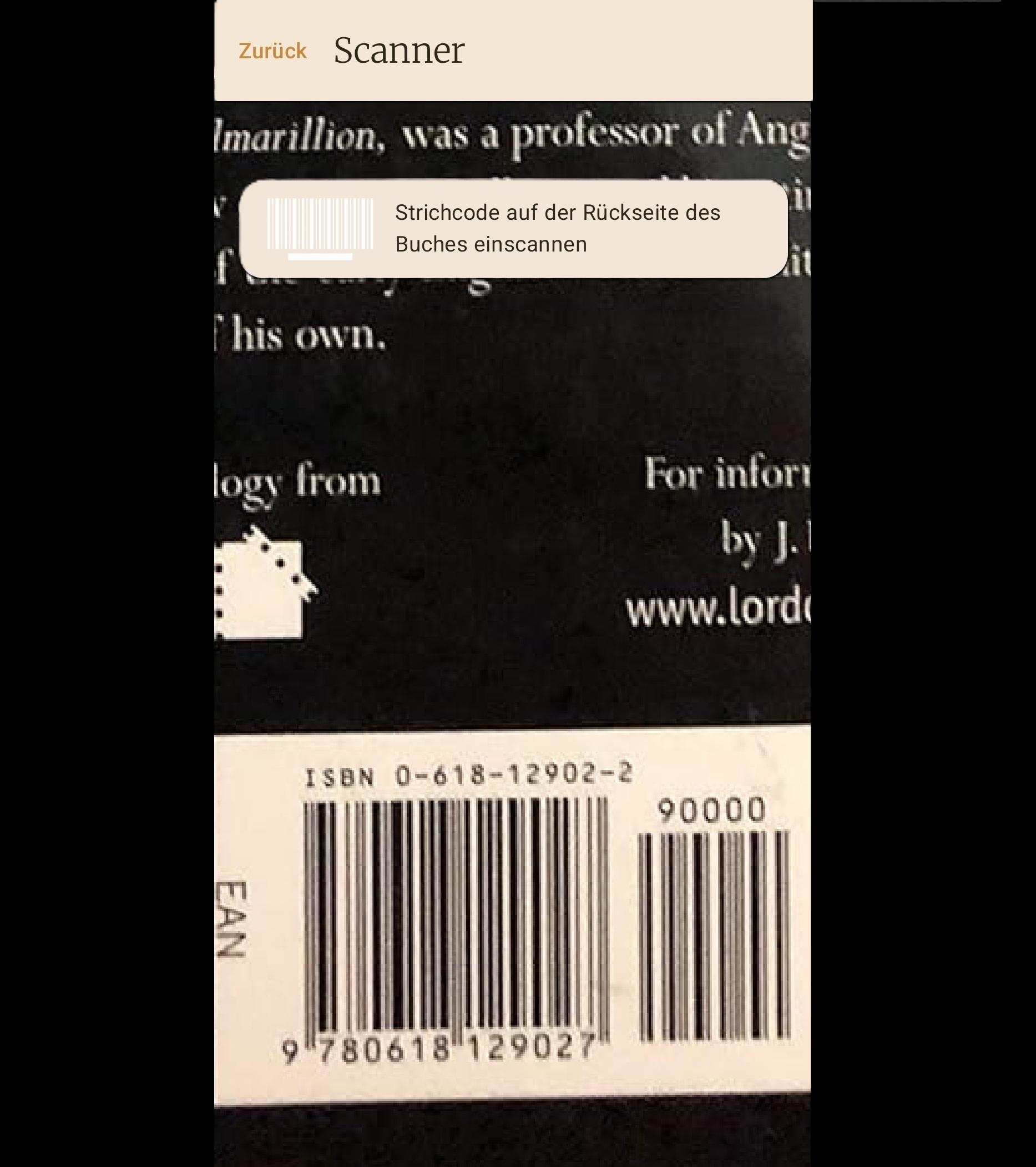 Scanner-Ansicht zum Erfassen eines ISBN-Barcodes