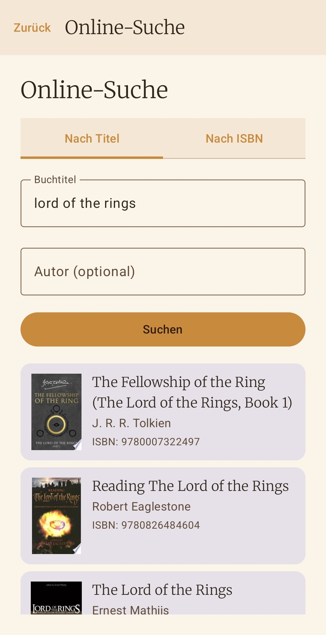 Online-Suche mit Trefferliste für ein Buch