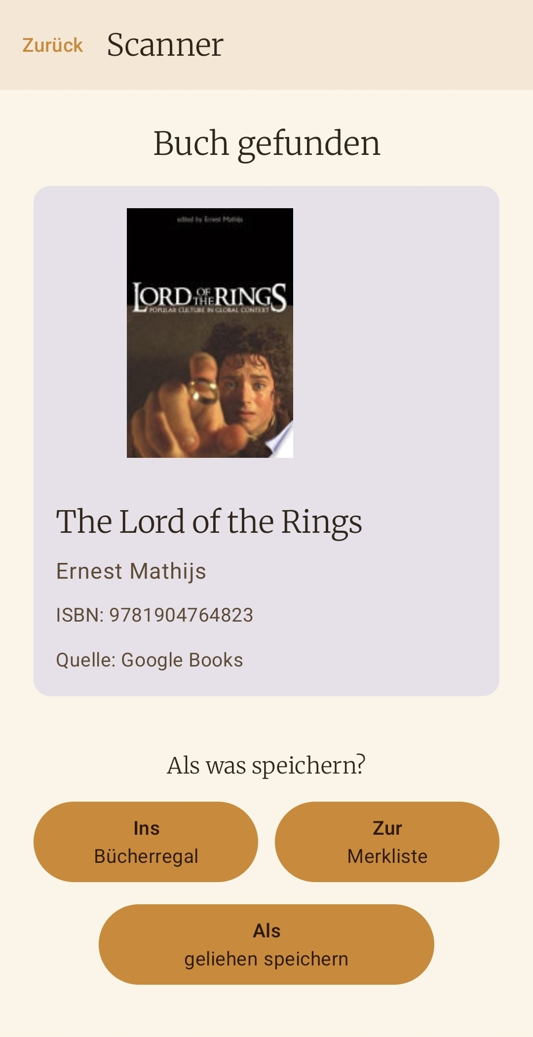 Gefundenes Buch mit Optionen zum direkten Speichern