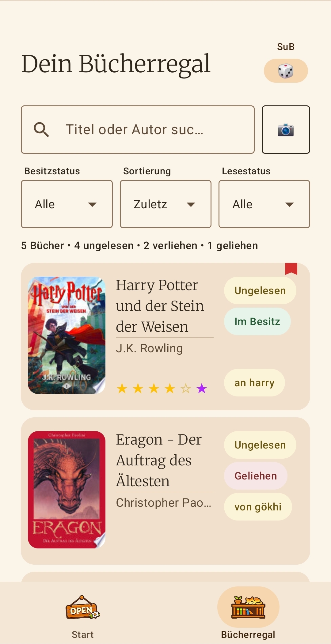 Bücherregal mit Suche, Filtern und Sortierung