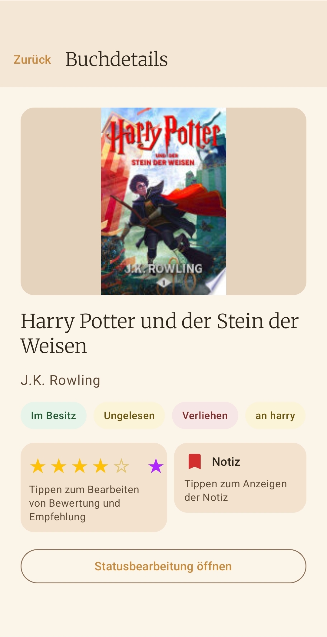 Buchdetailseite mit Cover, Status und Notizbereich