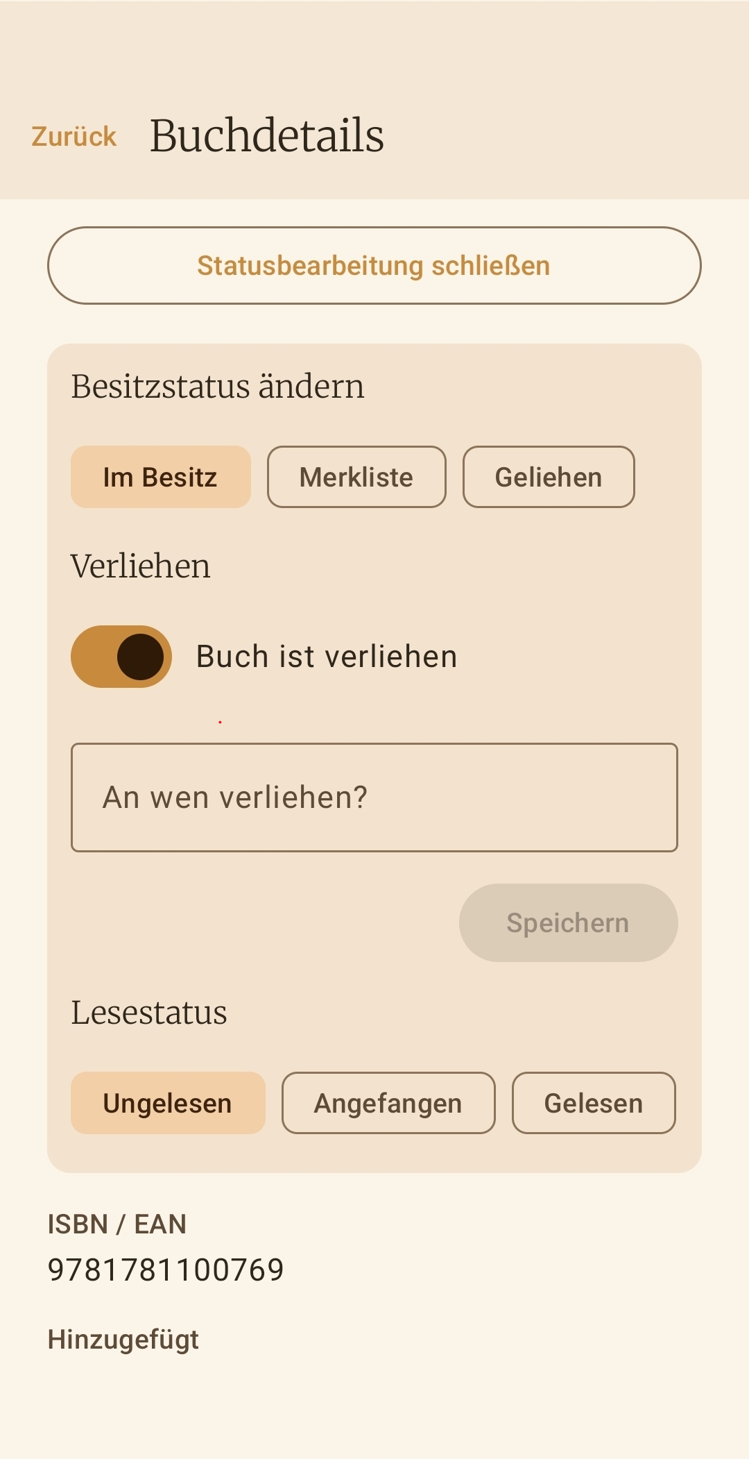 Statusbearbeitung für Besitz, Leihstatus und Lesestatus