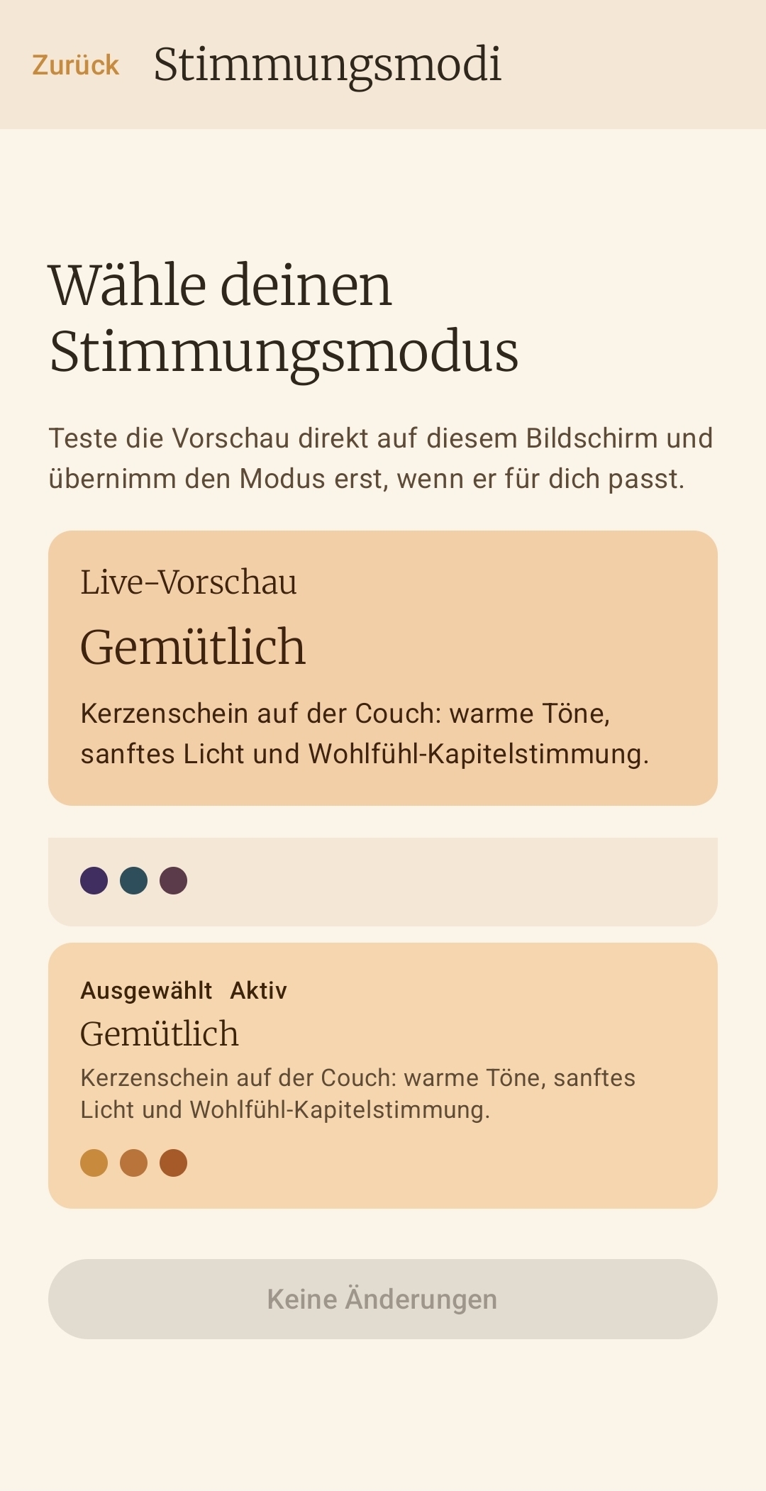 Stimmungsmodus Gemütlich in der Live-Vorschau
