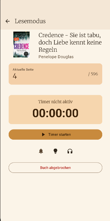 Lesemodus Hauptansicht mit Buchdetails und Statistik